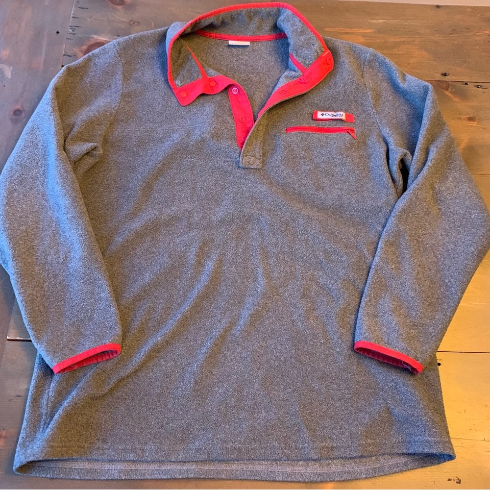 Columbia PFG 1/4 Button Fleece Pullover Size L Grey W/ Red Accents